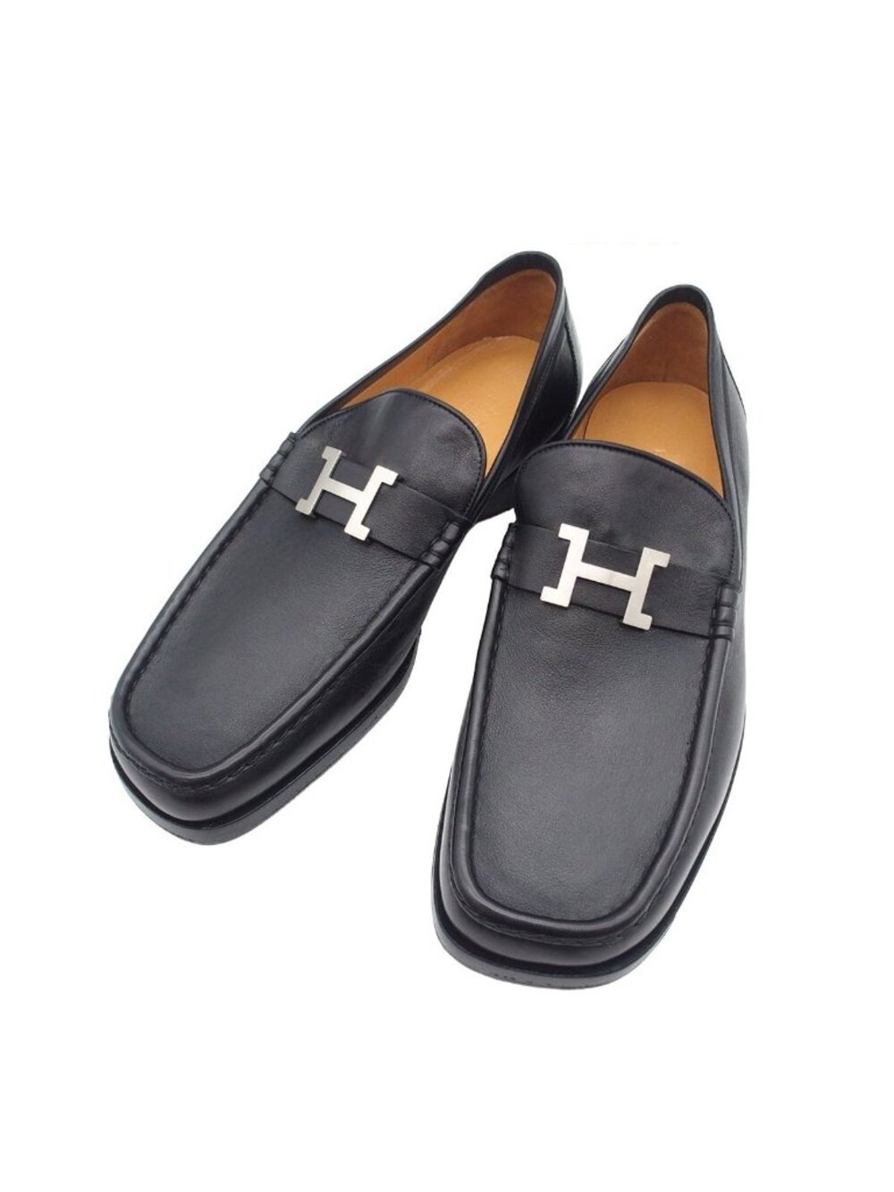 Hermes Loafers Black Leather H Logo Square Toe 42 Shoes